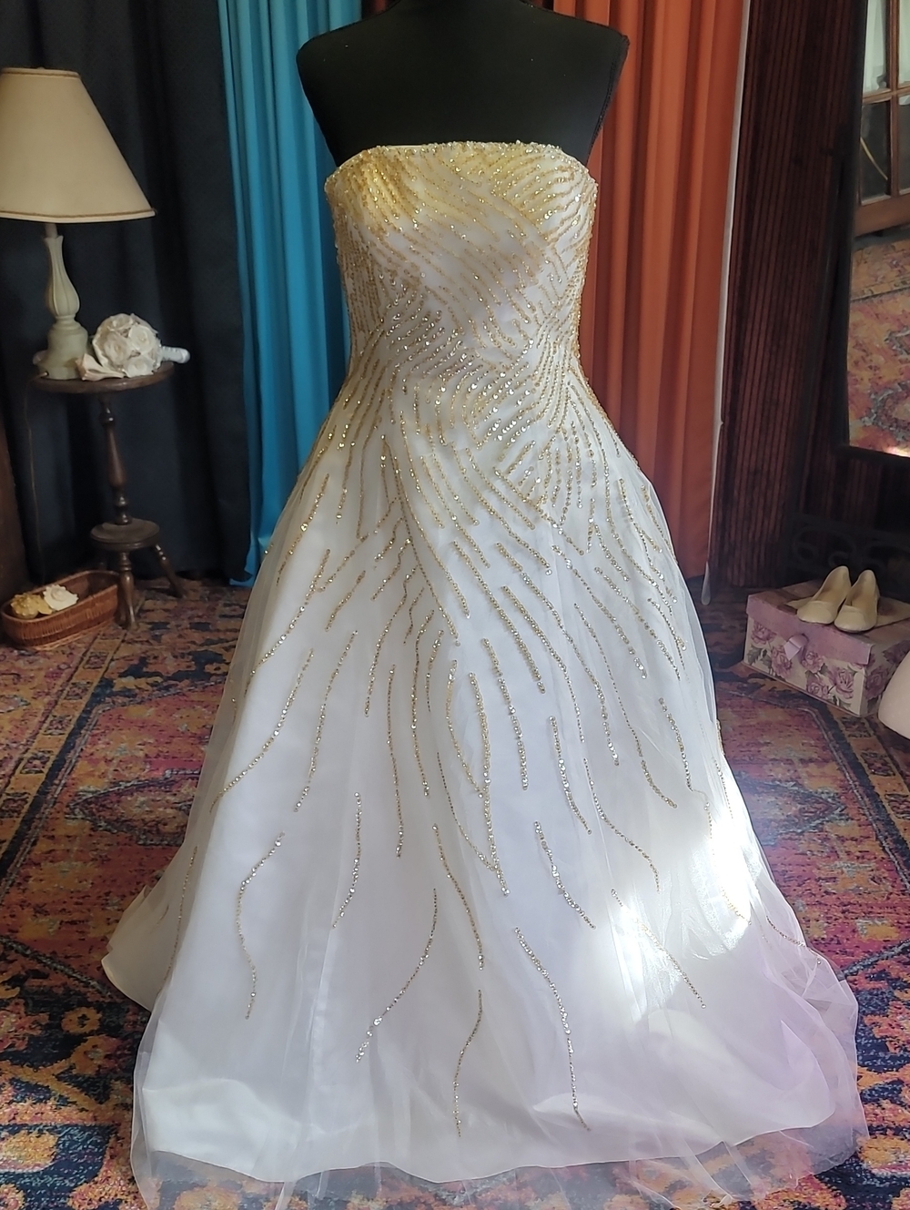 Strapless White Gown with Gold Beaded Detail